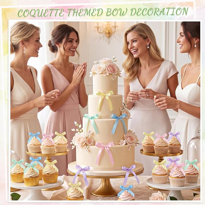 30 PCS Pastel Bows for Cake Ribbon Bow Cake Topper Rainbow Bow Cupcake Toppers for Baby Shower Bridal Weddings Birthday Party Bachelorette Balloon Wall Decorations
