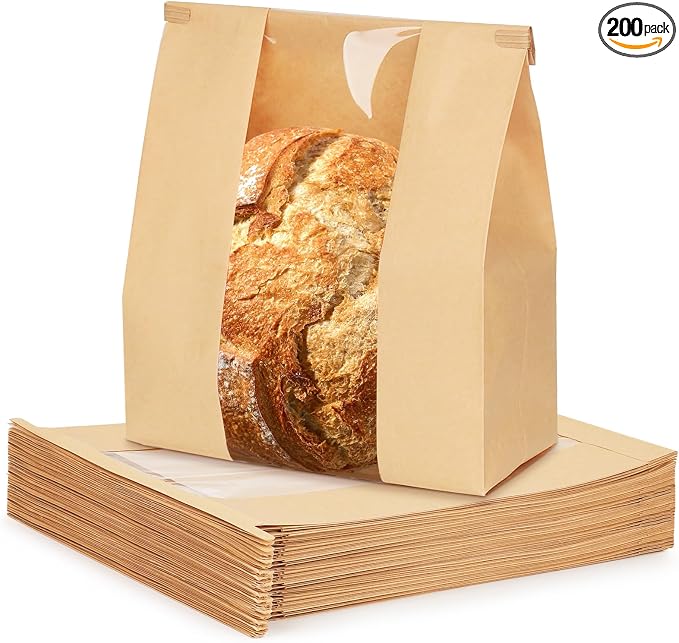 200 Pack Small Paper Bread Bags for Homemade Sourdough Bread, 7x3×11.5 Inches Resealable Tin Tie Tab Bakery Bags with Window for Half Loaves, Round Sourdough and Dozen Cookies