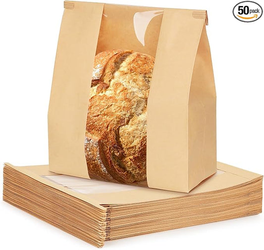 50 Pack Small Paper Bread Bags for Homemade Sourdough Bread, 7x3×11.5 Inches Resealable Tin Tie Tab Bakery Bags with Window for Half Loaves, Round Sourdough and Dozen Cookies