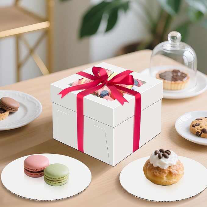 Sudaya 10x10x5 Cake Boxes with Window, Cake Boxes 10 inch Tall with Cakes Box Ribbon Stickers, 10in Disposable Carry Bakery Containers Cajas Para Pasteles for Pies Party Wedding Gift Giving