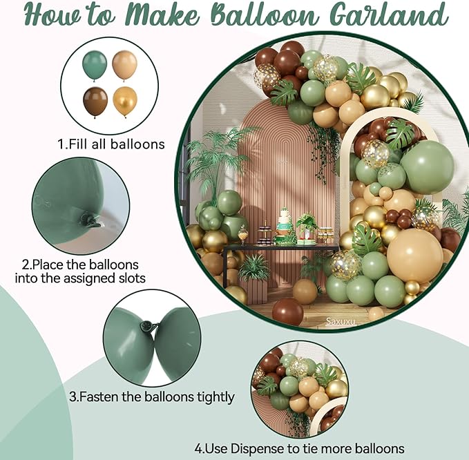 Woodland Balloon Arch Kit, Sage Green Brown Nude Metallic Confetti Gold Deer Foil Balloons with Palm Leaves for Boy Baby Shower Decoration Safari Jungle Birthday Party Gender Reveal