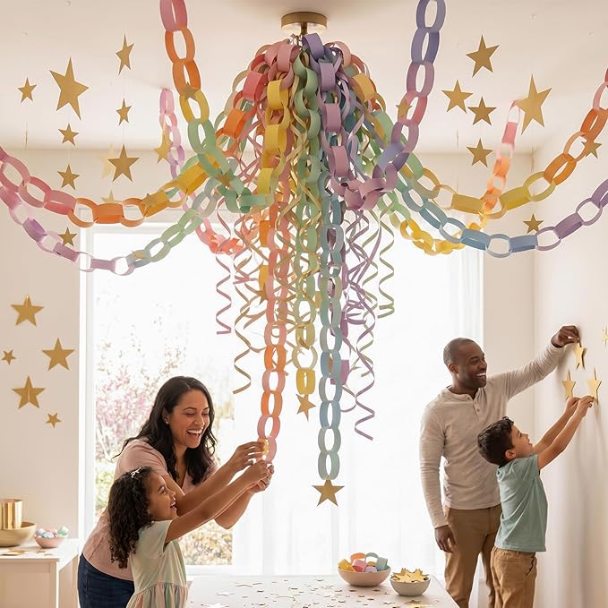 Macaron Pastel Paper Chain & Mirror Star Garland Kit with Double-Sided Tape, Pre-Cut 10 Colors Strips. Ideal for Birthday, Baby Shower, Wedding & Party Decor. (800, 1 x 8.27 Inches)