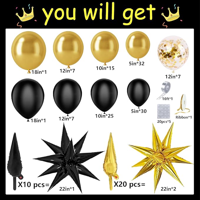 Bonropin Black and Gold Balloon Garland Arch Kit 158pcs with Black Gold Confetti Balloons, Star Foil Balloons, for Graduation New Year Anniversary Birthday Party Decorations