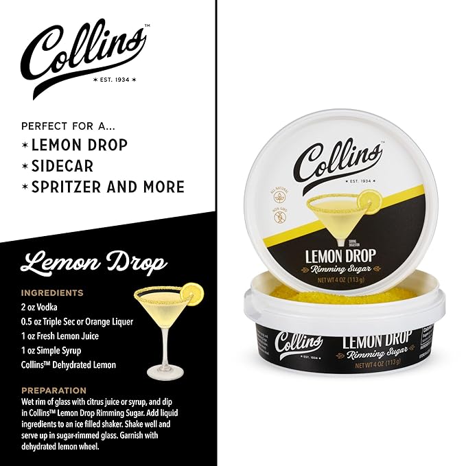 Collins Lemon Drop Cocktail Sugar, Enhance Lemon Drops, Sidecars, Spritzes, Citrus Cocktails, Glass Rimming Sugar for Drinks 4oz