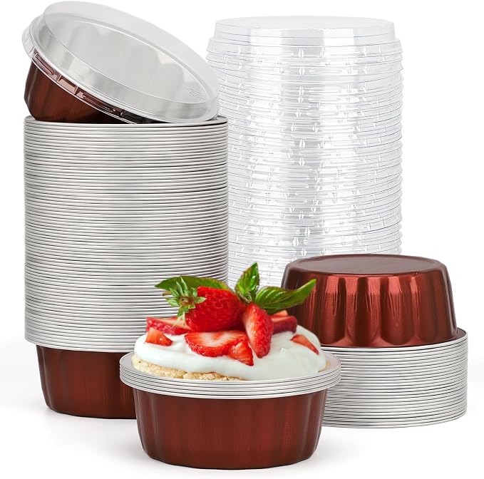 Beasea Disposable Ramekins for Baking, 8oz 100 Pack Aluminum Foil Cups with Lids, Creme Brulee Muffin Cupcake Baking Cup Mini Pudding Cups for Party Wedding Birthday - Wine Red