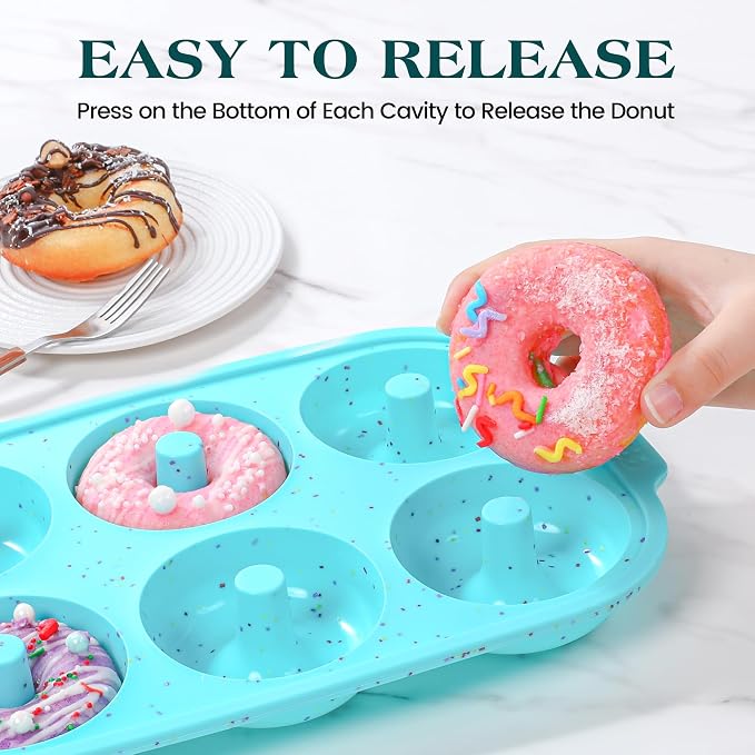 Silicone Donut Pan for Baking with Metal Reinforced Frame, Nonstick 3.25 inch Doughnut Baking Pans, 6 Cavity Donut Trays, Make Perfect Bagels and Cake Donuts (Aque)