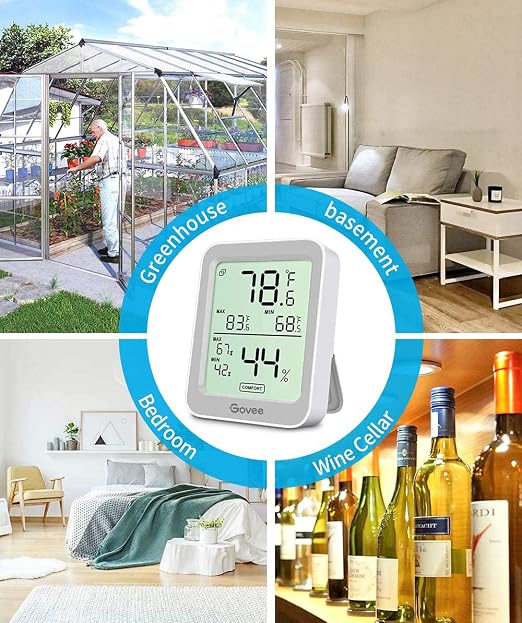 Govee Indoor Hygrometer Thermometer 2 Pack, Humidity Temperature Gauge with Large LCD Display, Notification Alert with Max Min Records, 2 Years Data Storage Export for Room Greenhouse, Grey