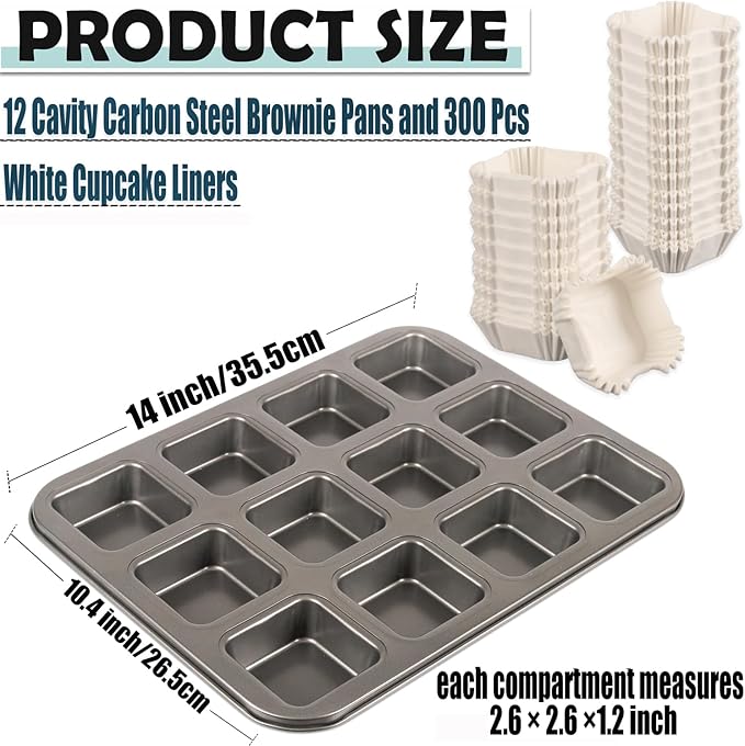 12 Cavity Brownie Pan with Dividers, Non Stick Square Carbon Steel Muffin Baking Bakeware with 300 PCS Parchment Liners, Dark Gray