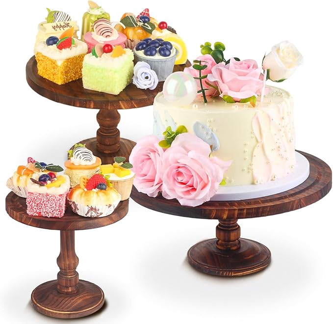 Wisreach Rustic Wooden Cake Stand Set of 3 — Farmhouse Tiered Cupcake Display, Dessert Pedestals & Serving Trays for Weddings, Birthdays, and Parties