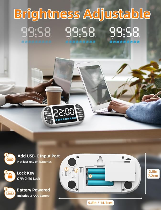 DOOMAY Digital Kitchen Visual Timer: 3.6'' Large LED Display, Magnetic, 3 Brightness, 4 Alarms and Volume, Memory Function, Countdown Count up for Cooking, Classroom, Home Gym, AAA Battery Included