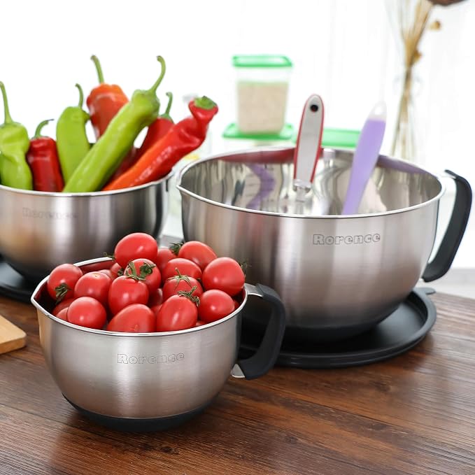 Rorence Stainless Steel Mixing Bowls Set: Metal Mixing Bowl with Lids and Handles Non-slip Silicone Bottom Nesting Bowls for Kitchen Set of 3