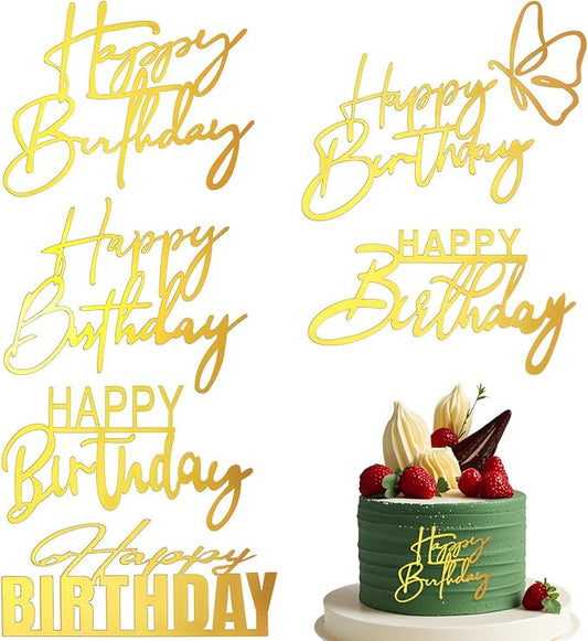 6Styles Gold Happy Birthday Cake Toppers, Mirror Acrylic Happy Birthday Sign for Cake Side Decoration, Glitter Gold Acrylic Happy Birthday Cake Topper Set for Cake Party Decorating Supplies