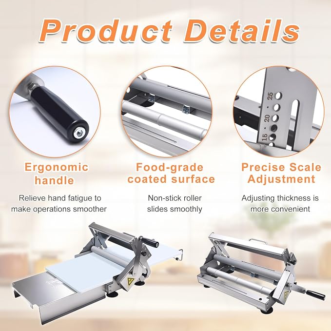 Folding Dough Rolling Machine，Stainless Steel Counter Top Dough Sheeter，Manual Dough Sheeter for Thicknesses from 0 to 25 mm, for Croissants, Pizza,Pasta, Pastry, Fondant,Puff (15in)