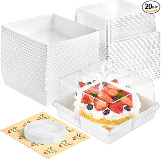 Kucoele Cake Boxes with Clear Lids, 7 x 7 x 4 Inches, 20 Pack, White | Disposable, Paper, Square Charcuterie Boxes, To Go Food Containers, For 4-6 Inch Cake, Jumbo Cupcakes, Bakeries