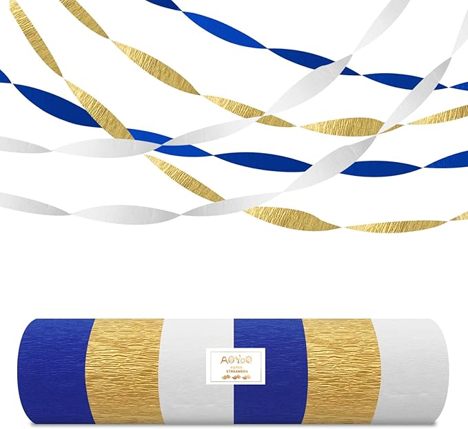 AOYOO Crepe Paper Streamers, 6 Rolls Dark Blue White and Gold Party Streamers, Premium Navy Blue and Gold Party Decorations for Graduation, Boy Baby Shower, Birthday and Retirement Supplies