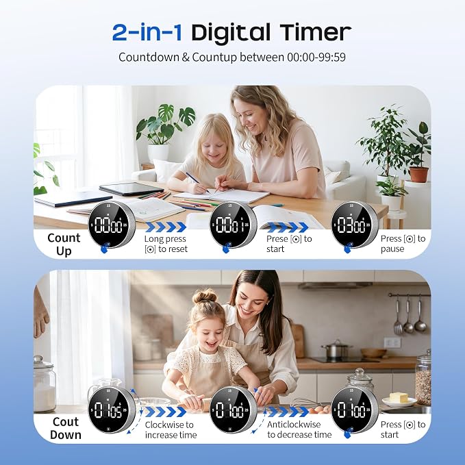 Seniny Digital Kitchen Timer with Magnetic - Visual Timer with Large LED Display, Pomodoro Classroom Timers with 3-Preset Times, Volume Adjustable, Countdown & Count Up Timers for Cooking