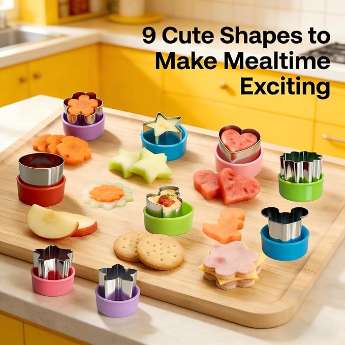9 PCS 1.5 In Mini Cookie Cutters Set for Kids, Stainless Steel Small Sandwich Food Cutter Shapes, Fun Shaped Tiny Dinosaur Heart Star Circle Flower for Lunch, Fruit, Vegetable, Cheese, Clay
