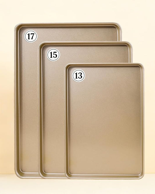 Heavy-Duty Nonstick Baking Sheet, 0.8mm Thick Warp-Resistant Cookie Sheets, Carbon Steel, 3 Pack Half Sheet Pan for Cookies and Pizza (Champagne Gold)