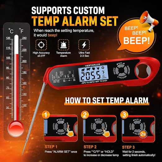 Digital Instant Read Meat Thermometer Waterproof Kitchen Food Cooking Thermometer Dual Probes Backlight, Alarm, °F/°C for BBQ Grill Smoker Steak Turkey Frying Baking Oven Water Oil