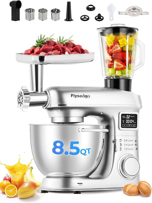 Stand Mixer 8-IN-1 8.5 Qt 2000W Multifunctional Fermentation Electric Kitchen Mixer 6 Speed Tilt-Head with Stainless Steel Bowl, 1.5L Glass Jar Meat Grinder Dough Hook Whisk Pasta Attachment
