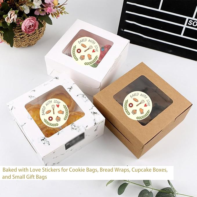 160 Pcs Baked with Love Stickers, 1.6 Inch Bakery Packaging Labels for Cottage Bakery, Cookie Bags, Bake Sale, Baking Business Essentials