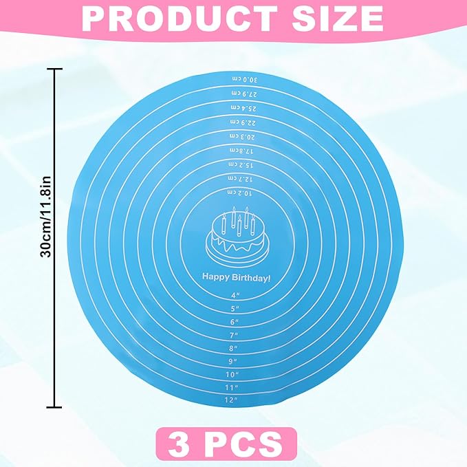 3 Pcs Round Silicone Cake Mat, Reusable Non Slip Heat Resistant Silicone Baking Mat Printed with Clear Scale for Cake Turntable Pizza Dough Pastry Rolling (Pink, Blue, Green)