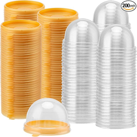 200 Pack Plastic Mini Cake Box, Clear Cupcake Box with Dome Lids, Round Cupcake Boxes Plastic Cupcake Holders for Mooncakes, Cookies, Desserts, Gold Base