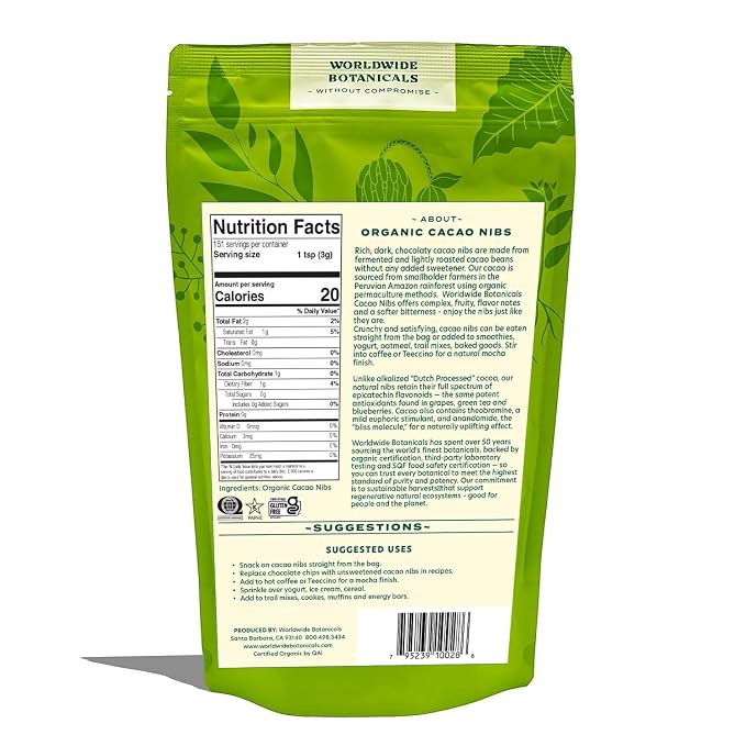 Worldwide Botanicals Organic Cacao Nibs – 1 LB – Unsweetened, Keto Friendly, 100% Organic Theobroma cacao from Peru – Gluten Free, Vegan, Kosher, Non-GMO, Dark Chocolaty Flavor, Chocolate Chip Replacement – 16 ounces