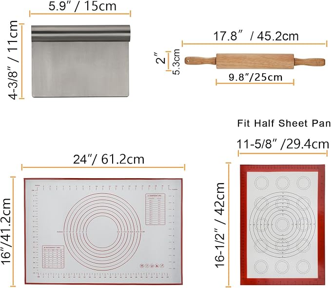 GreatChef Wood Rolling Pin 17.8 Inch for Dough with Pastry Scraper/Cutter & 2 PCS Heat-resistant Silicone Baking Mat, Non-stick, for Cookie, Pie, Macaroon, bread, Baking Pasry Tools Set