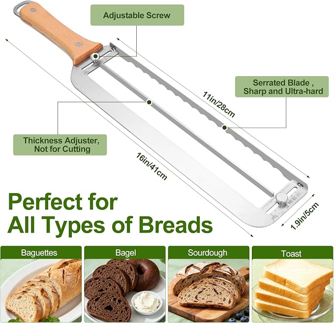 Adjustable Bread Slicer for Homemade Bread - Upgrade Manual Sourdough Bread Knife with Thickness Guide, Bread Bow Cutter with Stainless Steel Serrated Blade for Baguettes Bagels, Ideal Gift for Baker