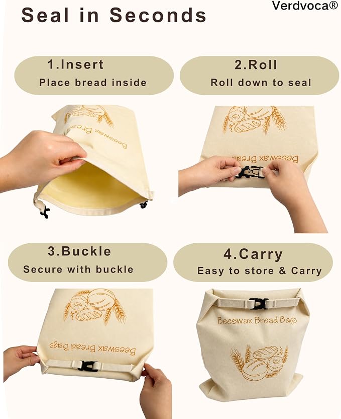 Beeswax Bread Bags for Sourdough, 2 Pack XL Reusable Organic Cotton Linen Bread Storage Bags with Lock Buckle, Natural Bees Wax Bread Bag for Homemade Bread, Freezer Friendly Food Storage, Keep Fresh