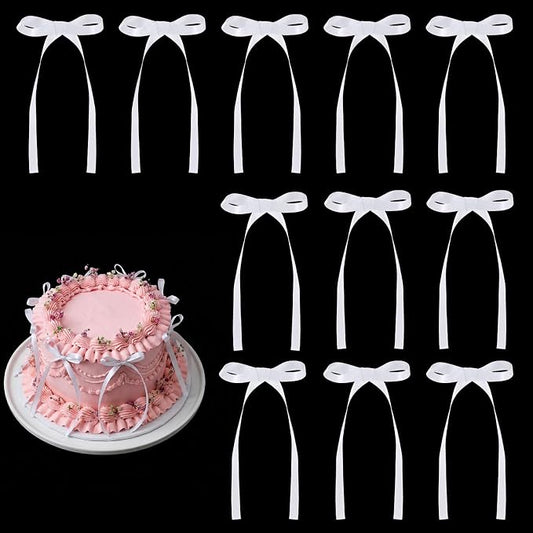 30 Pack Bow Cake Toppers White Ribbon Bows for Cake Bow Birthday Decorations for Bride to Be, Wedding, Baby Shower, Bachelorette, Summer Pool Party Decorations