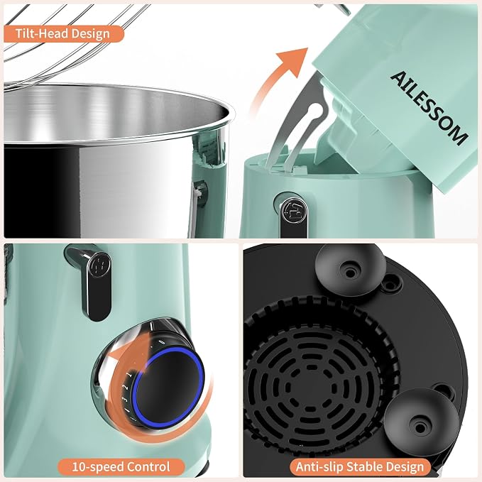 SAMSAIMO 3-IN-1 Electric Stand Mixer, 10-Speed With Pulse Button, Attachments include 6.5QT Bowl, Dough Hook, Beater, Whisk for Most Home Cooks, Agave Green