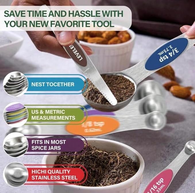 Measuring Spoons Stainless Steel Magnetic - Set of 9 with Leveler, Dual Sided Metal Teaspoon & Tablespoon Measuring Spoons, Nesting Kitchen Gadgets for Baking & Cooking, Variable Colors