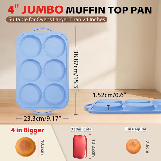 Nonstick Silicone Muffin Top Pan: 2 Pcs 6-Cavity 4 Inch Jumbo Silicone Egg Mold with Metal Frame for Baking Breakfast Sandwich Hamburger Buns Whoopie Pie Egg Bites - Easy Clean Oven Safe - Light Blue