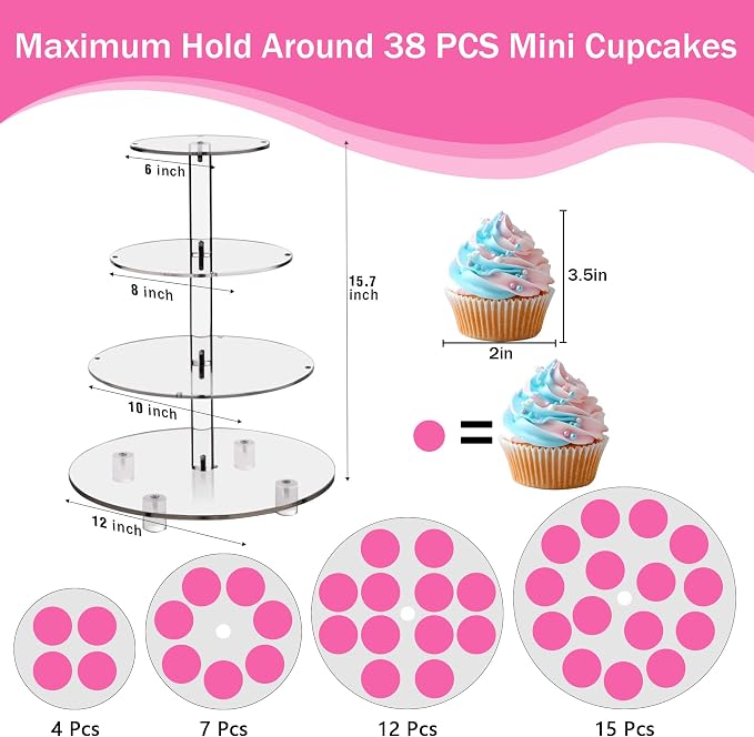 YestBuy 4 Tier Round Cupcake Stand – Premium Cupcake Holder – Acrylic Cupcake Tower Display – Acrylic Display for Pastry + LED Light String – Ideal for Weddings, Birthday Parties & Events (Pink)