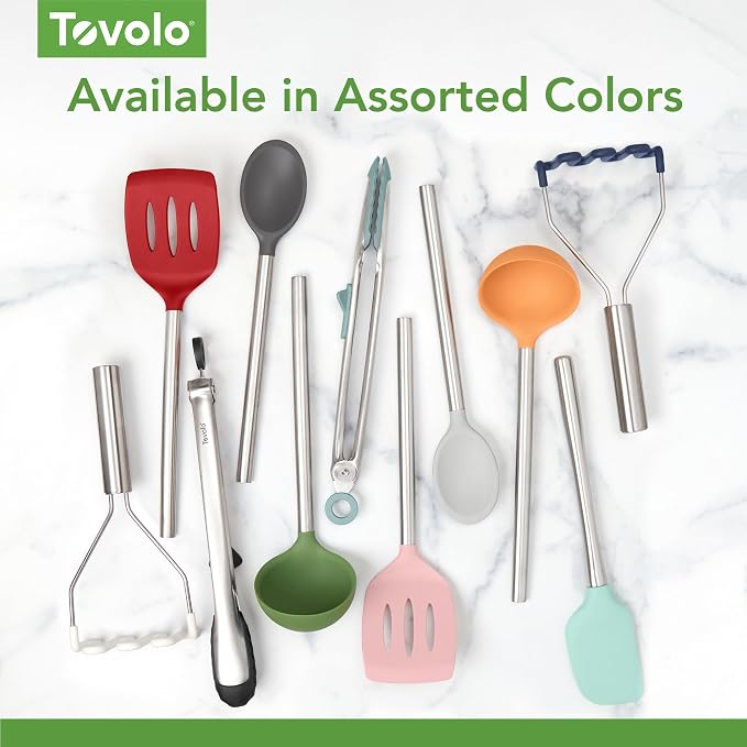 Tovolo Slotted Silicone Spatula Turner Slotted Stainless Steel Handle 10” Aqua Seafoam Green Heat Resistant Non Toxic BPA Free Kitchen Utensil, Silicone Egg Pancake Flipper Metal Handle for Cooking