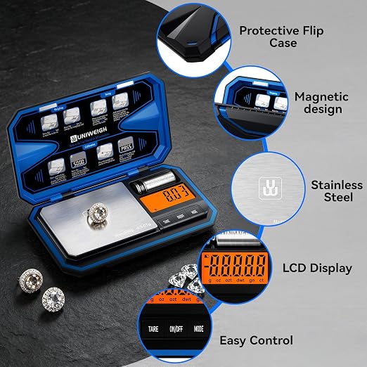 UNIWEIGH Digital Pocket Gram Scale 500g x 0.01g Precision Jewelry Scale | Mini Coin Scales 6 Units/LCD,Weighs Small Food,Gold,Powder,Micro,Ounces,Grains,Reloading,Tare Function,Blue(Battery Included)
