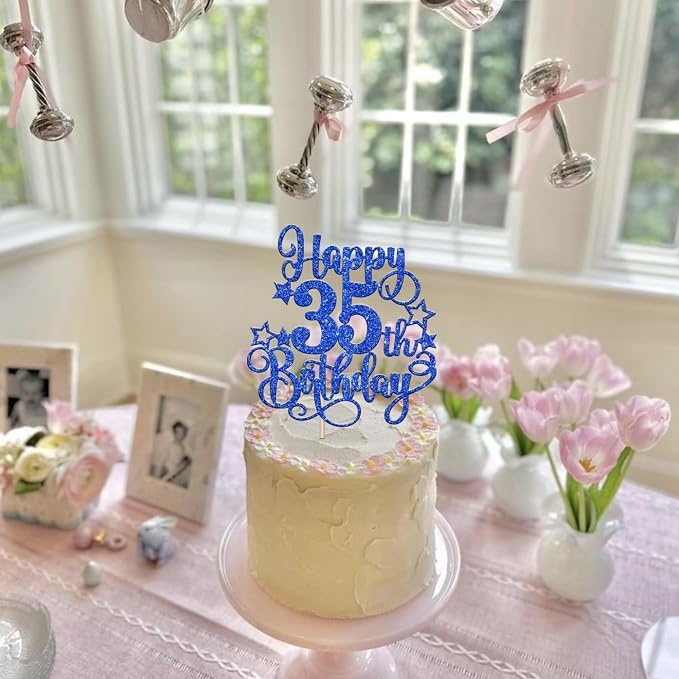 1 PCS Happy 35th Birthday Cake Topper Glitter Cheers to 35 Years Birthday Cake Pick Hello 35 Fabulous Cake Decoration for Happy 35th Birthday Anniversary Party Decorations Supplies Blue