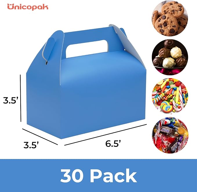 UnicoPak 30 Pack Blue Gable Treat Boxes Party Favor Goodie Bag Boxes for Candy Treats Snacks Cookie Toys for Birthday Party Special Events, 6.5x3.5x3.5 Inches