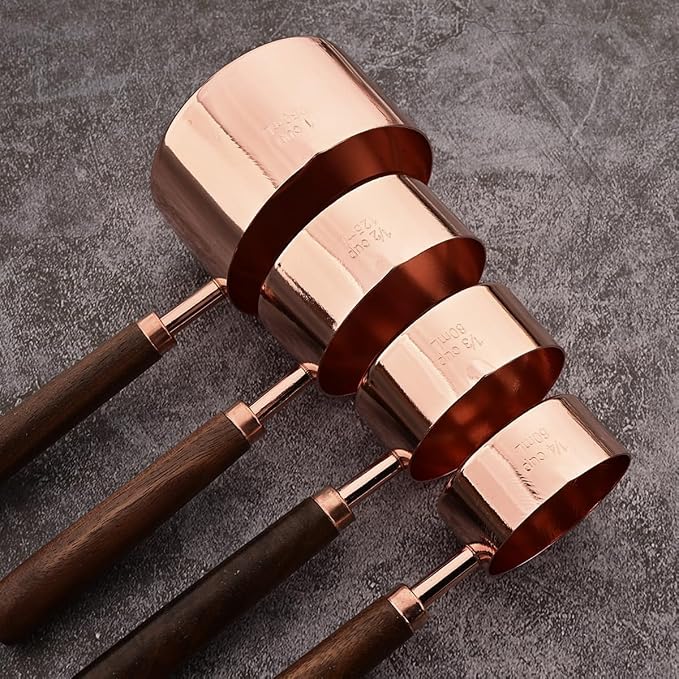 8 pieces Rose Gold Copper Measuring Cups Set and Measuring Spoons Set with Scale, BRIIEC Wooden Handle Stainless Steel Dry & Liquid Measuring Cup for Cooking Baking
