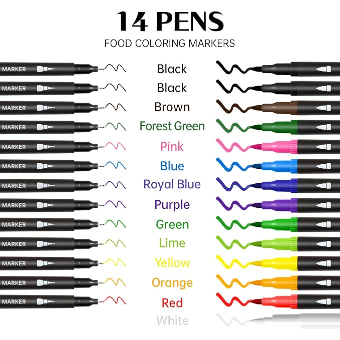 Edible Markers - 14 Colors Double Sided Food Coloring Pens with Fine & Thick Tips for Cookie Decorating, Fondant, Desserts & Easter Eggs