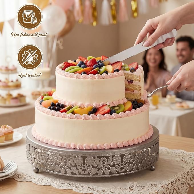 Wenqik 12 Inch Silver Cake Stand Set Metal Round Cupcake Dessert Stand with Cake Cutting, Flower Spatula Wedding Cupcake Pastry Display Candy Holder Display for Wedding Party Birthday Baby Shower