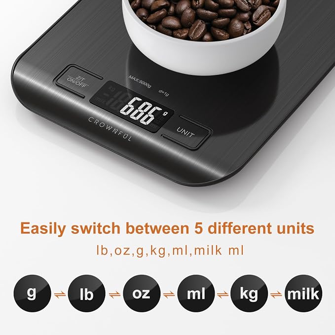 CROWNFUL Food Scale, 11 lb Digital Kitchen Scales with Built-in Coin Battery, Weight Ounces and Grams for Cooking and Baking, 6 Units with Tare Function, LCD Display, 304 Stainless Steel, Black