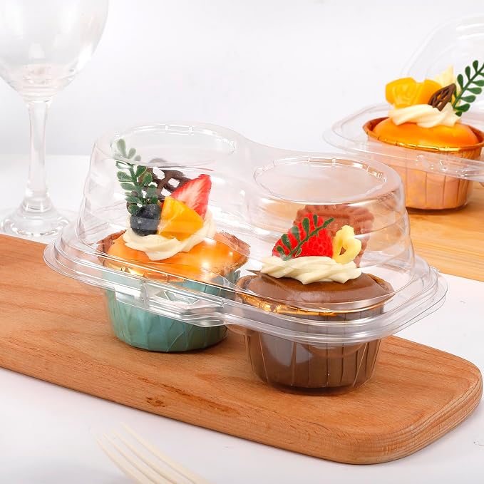 Jeffbaubl 60 Pcs 2 Cavity Cupcake Boxes,Clear Plastic Cupcake Containers,2-Compartment Cupcake Carrier Holder Box with Lids,Stackable Disposable Cupcake Holder for Muffins Pies