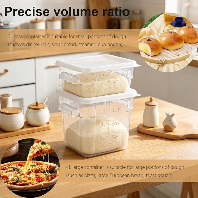 4-Piece Dough Fermentation Buckets with Lids, Baking Storage Container, Clear Plastic Stackable Container with Dual-handle for Kitchen Restaurant & Pantry Organization
