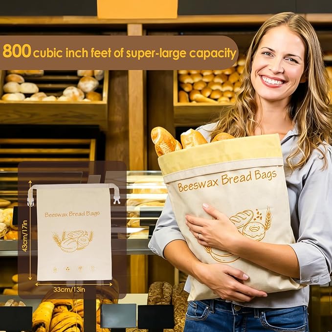 2-Pack Reusable Beeswax Bread Bags - Large 17x13 Inch for Sourdough & Homemade Bread Storage | All-Natural Beeswax Preservation, Eco-Friendly Cotton Food Bags - Easy to Clean & Daily Use