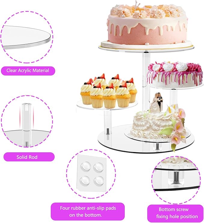 Cupcake Stand, 4 Tier Clear Round Cake and Cupcake Stand Combo for 8-12 Inch Cakes, Tiered Cupcake Tree Tower,Dessert Display Stand for Wedding Birthday Party