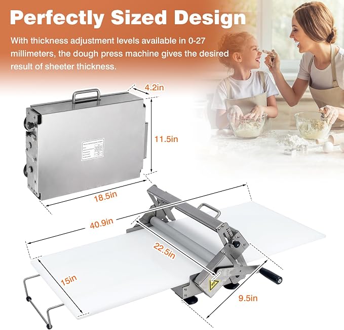 40.9''x15.5" Folding Dough Sheeter with Sheeter Board Portable Manual Dough Roller Machine Stainless Steel Sheeter Thickness Adjustable for Pizza Dough, Puff Pastry Dough (Silver 1)