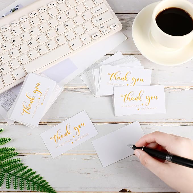 Outus 620 Pieces Thank You for Supporting My Small Business Cards and Stickers Set, Thank You Gold Foil Stickers with Resealable Packaging Bag for Business Owners Packaging Supplies (White)